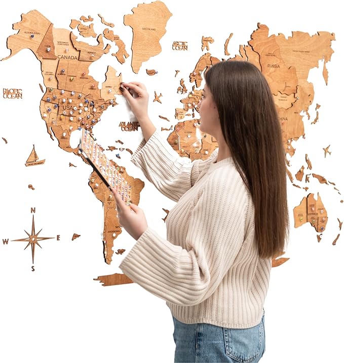 ENJOY THE WOOD 3D Wood World Map Wall Art Large Wall Décor - World Travel Map - Any Occasion Gift Idea - Wall Art for Home & Kitchen or Office (Large, Oak)