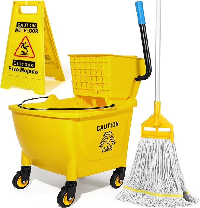 35Qt Commercial Mop Bucket with Side Press Wringer on Wheels Yellow | Including Wet Floor Caution Sign and Heavy-Duty Industrial Mop Set for Home/Business Floor Cleaning/Mopping