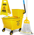 35Qt Commercial Mop Bucket with Side Press Wringer on Wheels Yellow | Including Wet Floor Caution Sign and Heavy-Duty Industrial Mop Set for Home/Business Floor Cleaning/Mopping