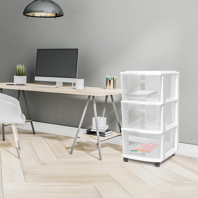 HOMZ 2-Pack Drawer Tower, 3-Tier Clear Plastic Storage Organizer Cart, White Frame - Organizing Containers with Wheels for Home, Bathroom, Bedroom, Office, and Classroom