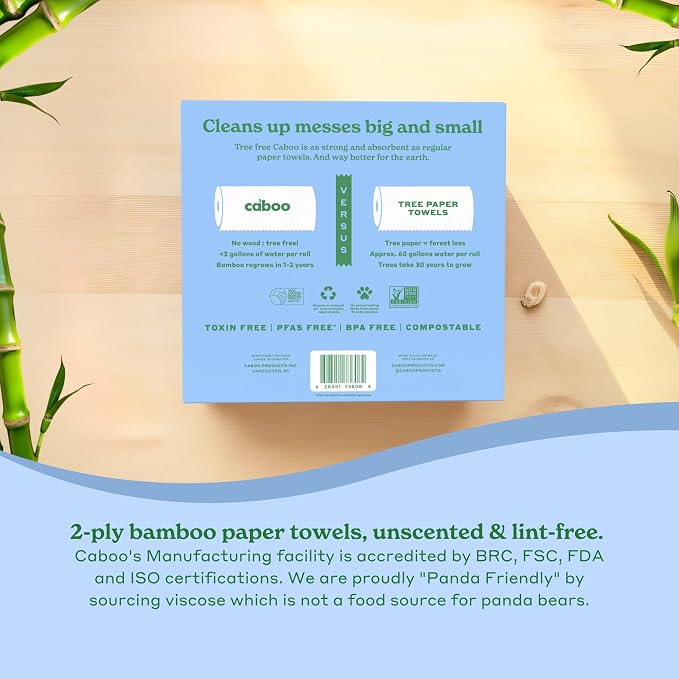 Caboo Tree Free Paper Towels, 6 Family Size Paper Towel Rolls, 2 Ply Sheets | Made with Bamboo Viscose, Plastic Free Packaging, Strong & Super Absorbant, Hypoallergenic, BPA & Chemical Free