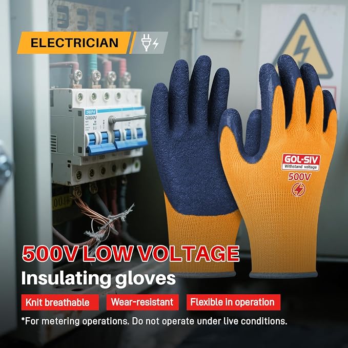 Electrical Insulated Gloves, 500V High Voltage Resistance Electrician Safety Gloves, Rubber Non Slip Work Gloves (500V|Poly-Cotton Insulated, Large)