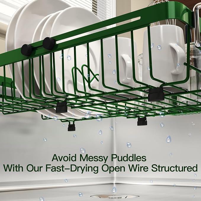 Green Dish Drying Rack Over The Sink with Utensil Holder | Expandable Stainless Steel Dish Drainer for Small Kitchen, Apartment, RV, Counter Space Saving, Perfect Fit, Rustproof