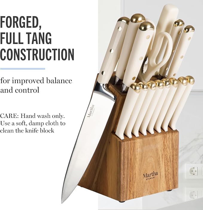 Martha Stewart Knife Block Set 16-Piece - Lockton High Carbon Stainless Steel Forged Full Tang Chef Knives, Acacia Wood Block, Triple Riveted Handles, Linen White & Gold