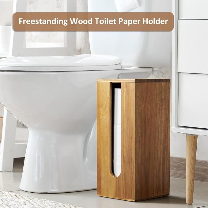 OUTNILI Freestanding Toilet Paper Holder Stand with Lid, Acacia Wood Bathroom Storage Organizer, Rustic Farmhouse Toilet Paper Holder for Floor, Holds 3 Extra Large Rolls
