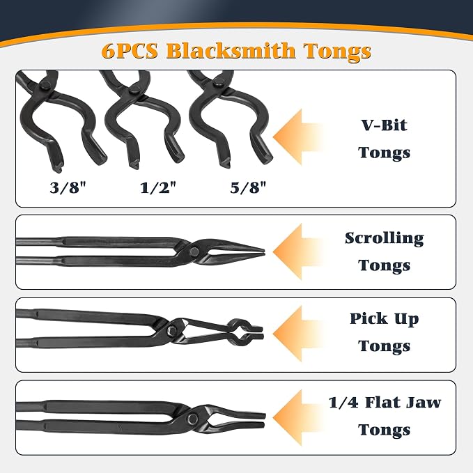 Blacksmith Tong - 3/8" 1/2" 5/8" V-Bit, 1/4 Flat Jaw, Pick Up, Scroll | Knife Making Forge Tongs Set Assembled Steel Blacksmithing Bladesmith Bladesmithing (6PCS)