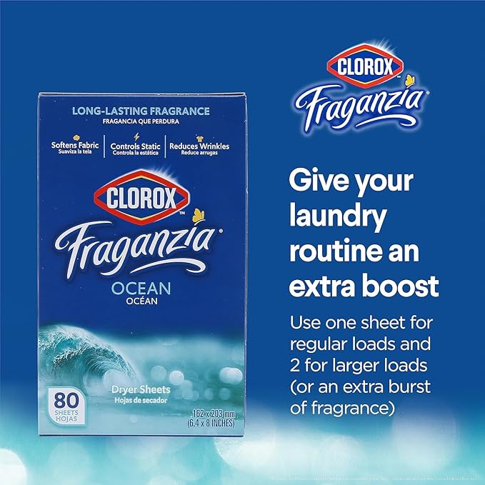Clorox Fraganzia Fabric Softener Dryer Sheets Fresh Ocean Breeze Scent Wrinkle Reducing Anti-Static Formula Softens Fabrics Clothes Linens Bedding and Towels Fresh Laundry 80 Count 6 Pack