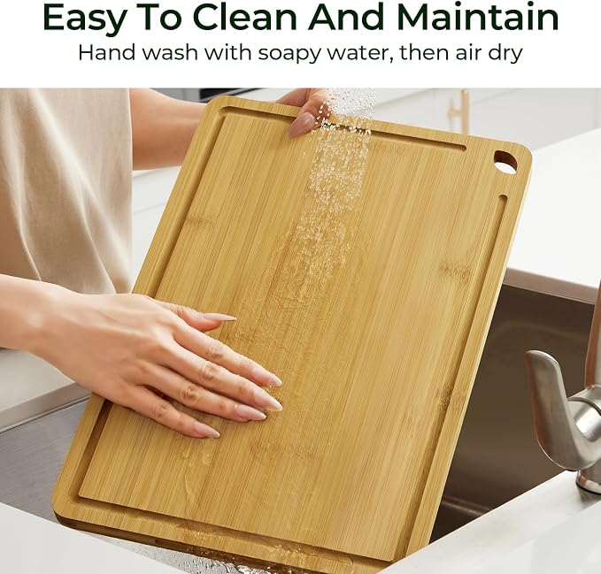 Keechee Natural Bamboo Cutting Board Set of 4, Wood Chopping Block Set | Deep juice grooves, built-in handles, four piece set for meat cutting, veggie prep and serving