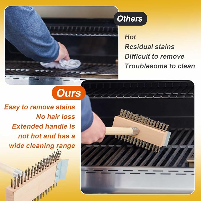 2 Pcs Stainless Steel Grill Brushes, Grill Scraper with 30'' Long Wooden Handle Commercial Oven Charbroiler Cleaning Brush for Outdoor Kitchens BBQ Restaurants