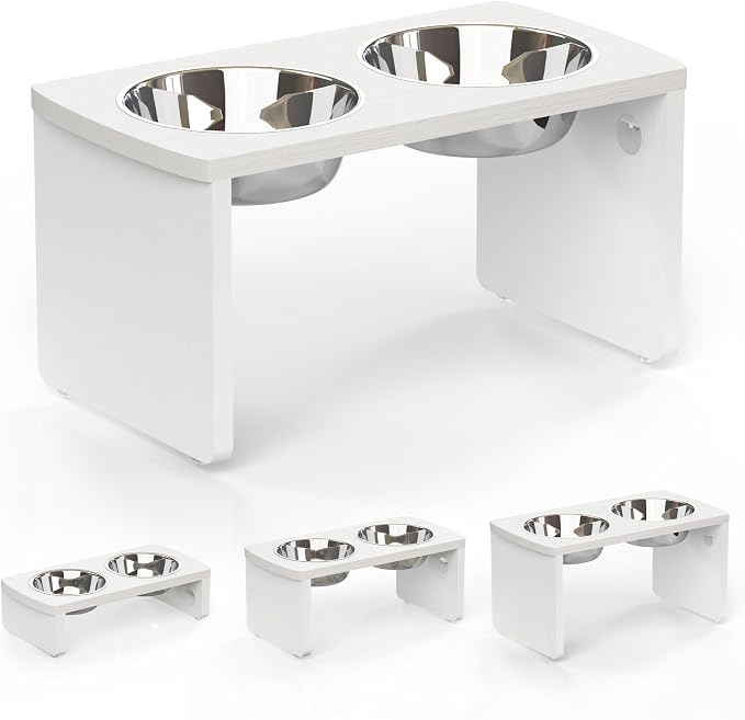 Elevated Dog Bowls, Waterproof Raised Dog Bowl for Medium & Large Dogs, HIPS Poly Lumber Stand with 2 Stainless Steel Bowls, Indoor & Outdoor Use (10'' Tall–48 oz Bowl, White)