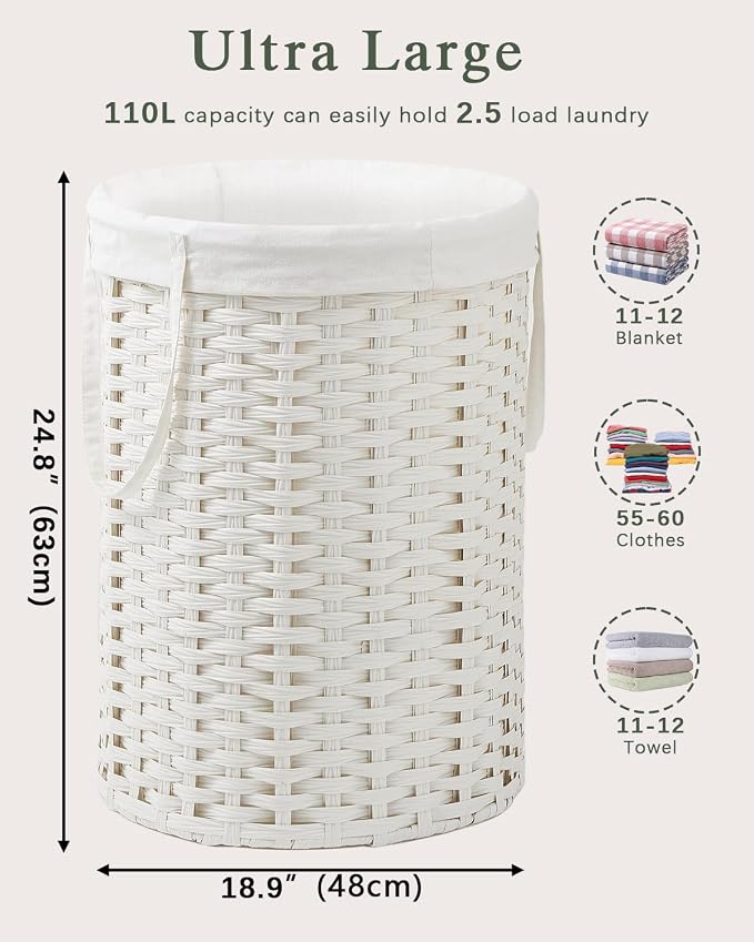 SETVSON Laundry Basket Round Rattan Laundry Hamper 29.1 Gal(110 L) Handwoven Large Wicker Basket with Handles, Wicker Hamper with Removable Bags and 2 Mesh Bags for Bathroom Living Room White(No Lid)