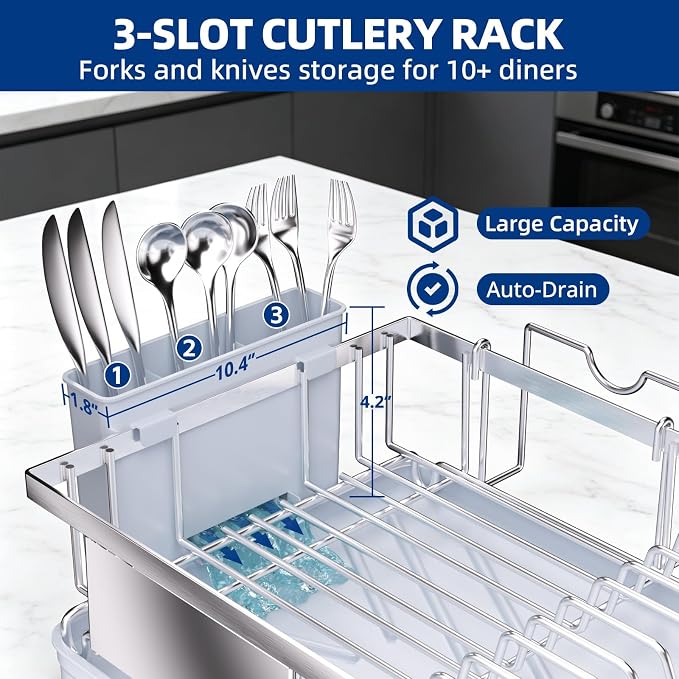Dish Drying Rack -304 Stainless Steel Dish Rack for Kitchen Counter | Dish Drainer with Cutlery Knife Fork & Cup Rack, Auto-Drain to Sink, Gift for Wife Mothers Her, Home & Family Gadgets, Silver