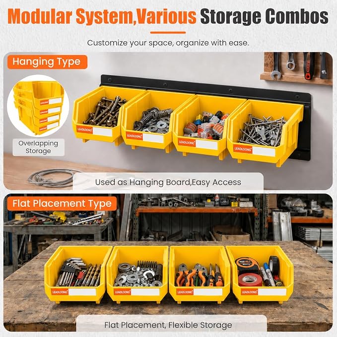 16pc Wall-Mounted Storage Organizer Set with Metal Rails Yellow | Heavy duty tool organization box with metal rails. Ext 5"x4"x3" for garage screws nuts bolts.