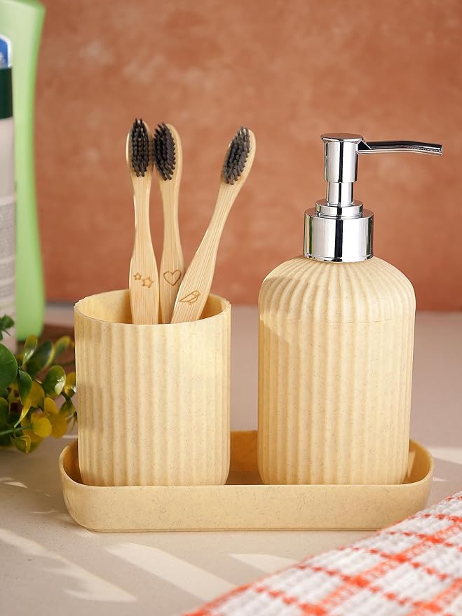 Bathroom Accessories Set of 3, Toothbrush Holder, Liquid Soap Dispenser & Tray, Unbreakable Plastic Organizer for Sink & Bathroom Essentials, Handwash, Sanitizer, Shampoo, Lotion (Beige)