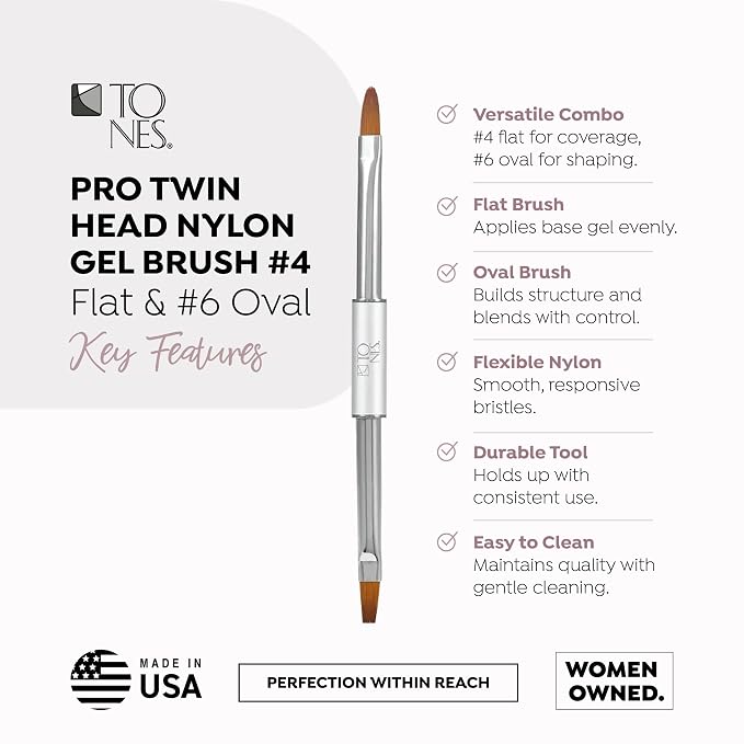 Tones Twin Head Nail Art Nylon Gel Brush - Brush for Gel Nails - Ultra Precise Nail Sculpting and 3D Nail Art Brush (#4 Flat & #6 Oval)