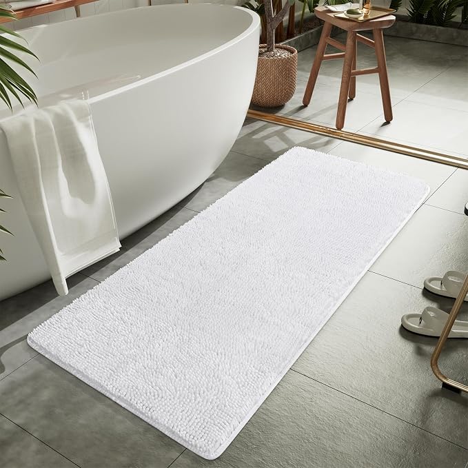 LOCHAS Luxury Bathroom Rug Shaggy Bath Mat 24 x 70 Inch, White | Washable Non Slip Bath Rugs for Bathroom Shower, Soft Plush Chenille Absorbent Carpets