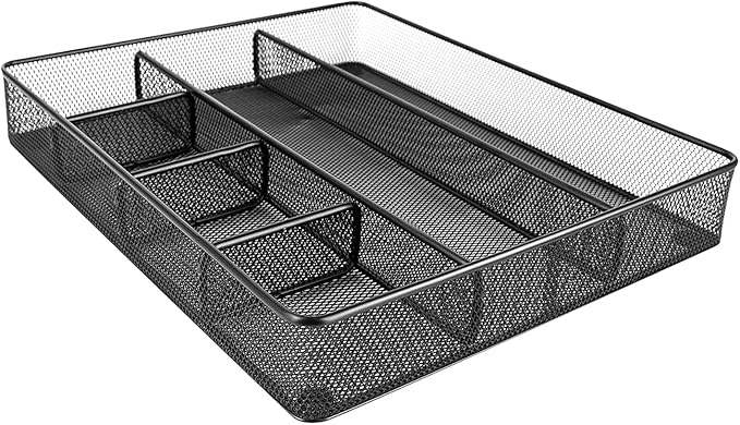 Amazon Basics Metal Mesh Desk Organizer with 6 Compartments, Anti-Slip Pen Holder Storage Tray for Office Supplies and Home, Black