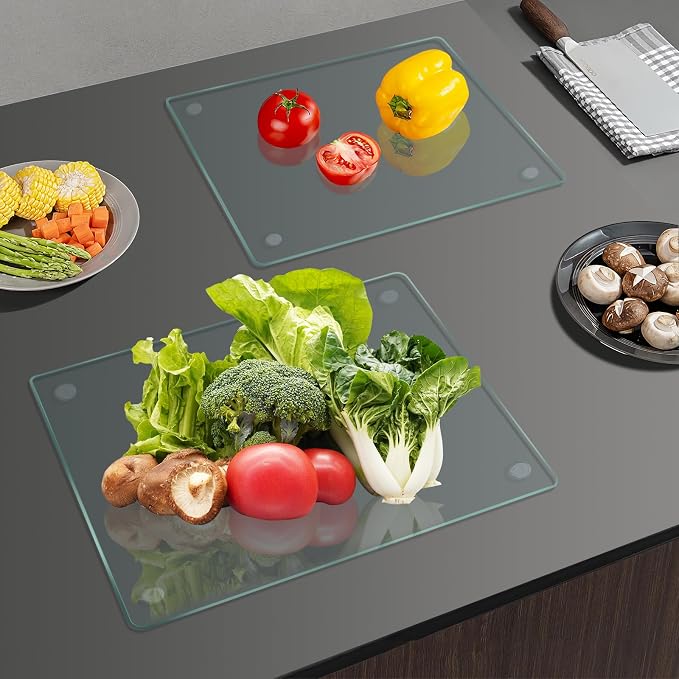 Mymonfif Tempered Glass Cutting Board for Kitchen, Clear Glass Board for Countertop, with Non-Slip Feet, Heat Resistant, Large Size 12x16" 2Pcs, Small Size 12x8" 2Pcs