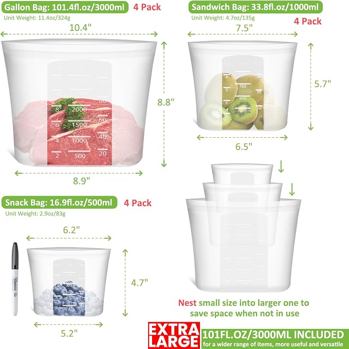 100% Silicone Reusable Storage Bag, 12 Pack Stand-Up Wide-Mouth Zip-Lock Food Storage Bags, Easy-Fill Easy-Open Easy-Clean Space-Saving, Microwave & Dishwasher Safe, Gallon/Sandwich/Snack, Translucent