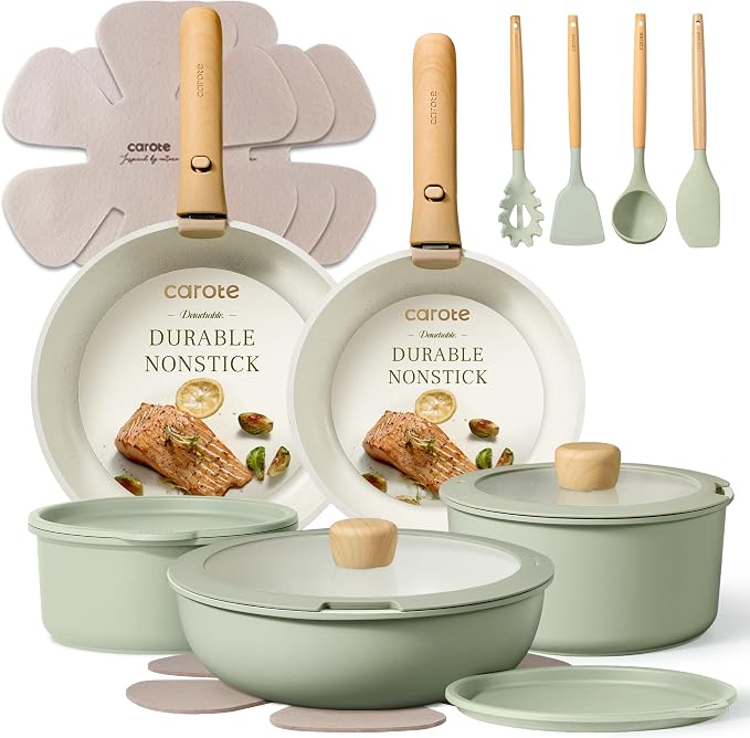 CAROTE Pots and Pans Set, Nonstick Cookware Set Detachable Handle, 19pcs Induction Kitchen Cookware Sets Non Stick with Removable Handle, RV Cookware Set, Oven Safe, Sage Green