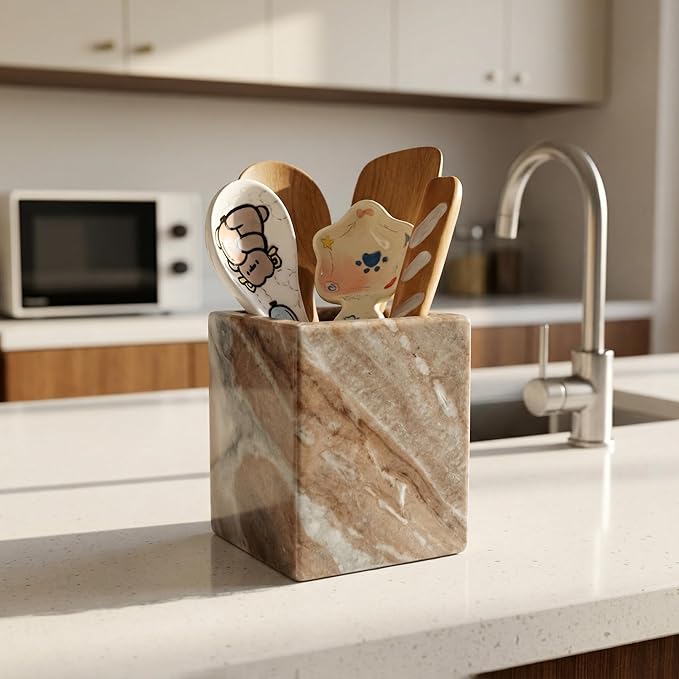 Natural Marble Pen Holder, 2.95” x 3.74” Square Desk Organizer, Marble Toothbrush Holder, Makeup Brush Holder, Decorative Storage Cup for Office Vanity Bathroom Kitchen Countertop, Brown