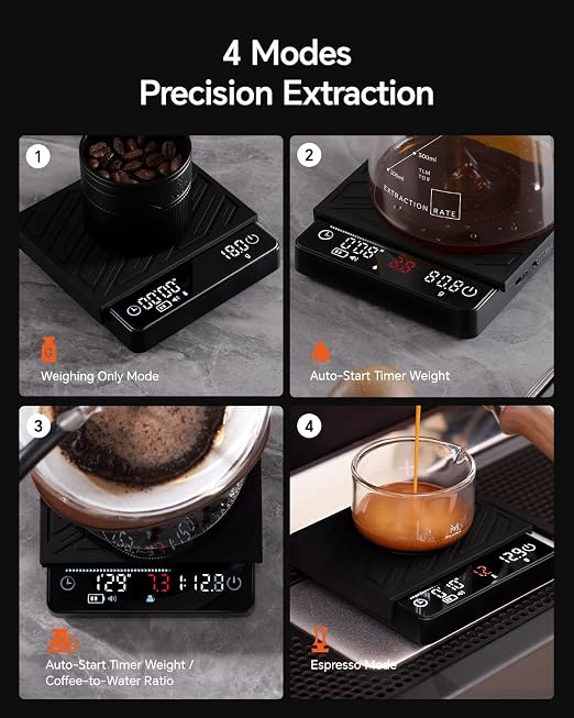 Espresso Mini Coffee Scale with Timer & Flow Rate Indicator - 2kg/0.1g Precision Digital Scale with Waterproof Silicone Mat for Pour Over, Coffee Bean Weight, Kitchen, Black