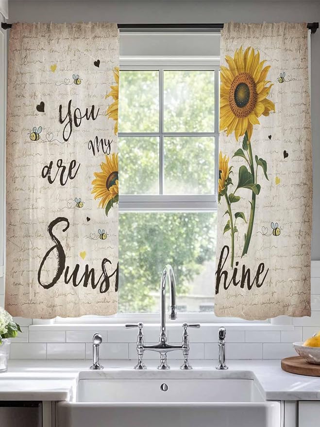 Sunflower Voile Sheer Curtain 63 Inch, Rod Pocket Rustic Yellow Floral Sheer Window Curtain Panels, Vintage Retro Beige Newspaper Letter Semi-Sheer Tulle Drape Chiffon Fabric for Bedroom Living Room