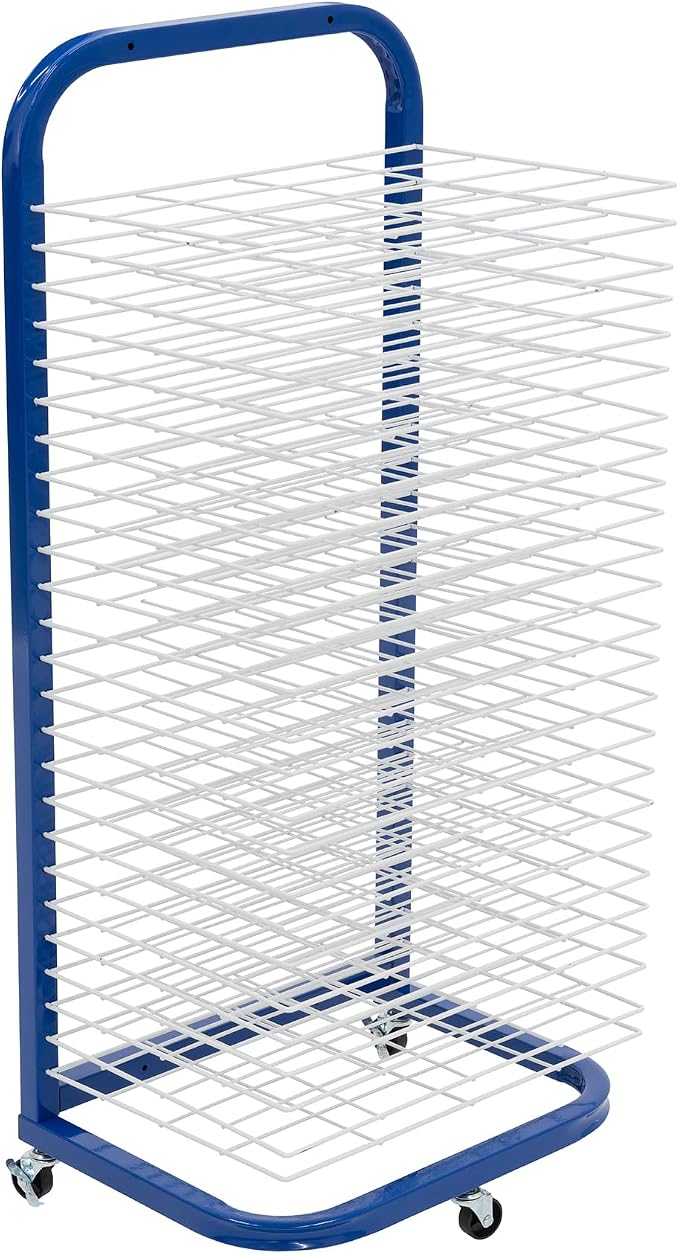 Pearington 25-Shelf Mobile/Wall Mountable Art Drying Rack for Art Studios & Classrooms, 13" D x 17.5" W x 39.4" H, Blue/White