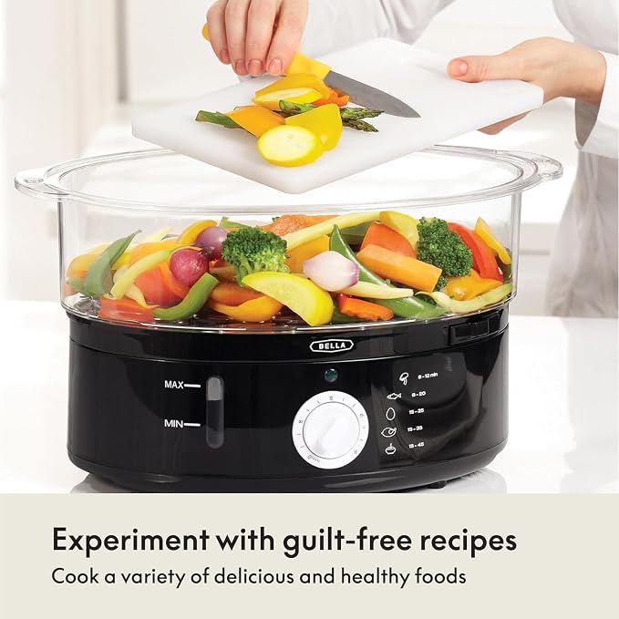 BELLA Two Tier Food Steamer with Stackable Baskets & Removable Base for Fast Simultaneous Cooking - Auto Shutoff & Boil Dry Protection, 7.4 QT, Black