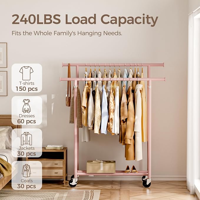 HYSEYY Clothes Rack, Double Rods Rolling Clothing Rack for Hanging Clothes, Portable Garment Rack with Wheels, Coat Rack Wardrobe Closet Load 240 LBS for Bedroom Laundry Room (Pink, L)