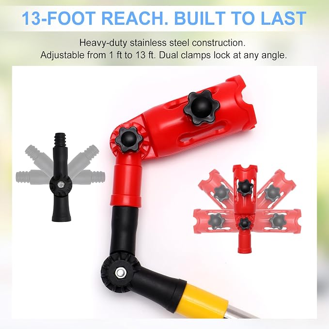 13FT Gutter Cleaning Tools from Ground, 6-in-1 Brush & Rake Kit | No Climbing Needed. Dual Universal Clamps for Any Angle. 13FT Extension Poles. Gutter Cleaner Tool with Scoop, Rake & Brush.