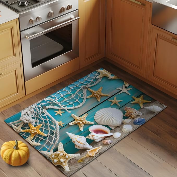 Entryway Rug 2 x 3 Ft, Beach Starfish Indoor Floor Mat for Hallway/Kitchen, Ocean Conch Fishing Net Blue Wood Grain Non Slip Low Pile Bathroom Rugs for Office/Living Room/Home Decor, Small