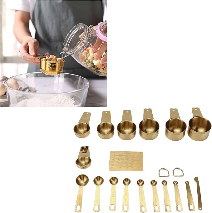 18PCS Gold Measuring Cups and Spoons Set, Stainless Steel Measuring Cups Spoons with Buckle and Scale Plate, Kitchen Baking Tools