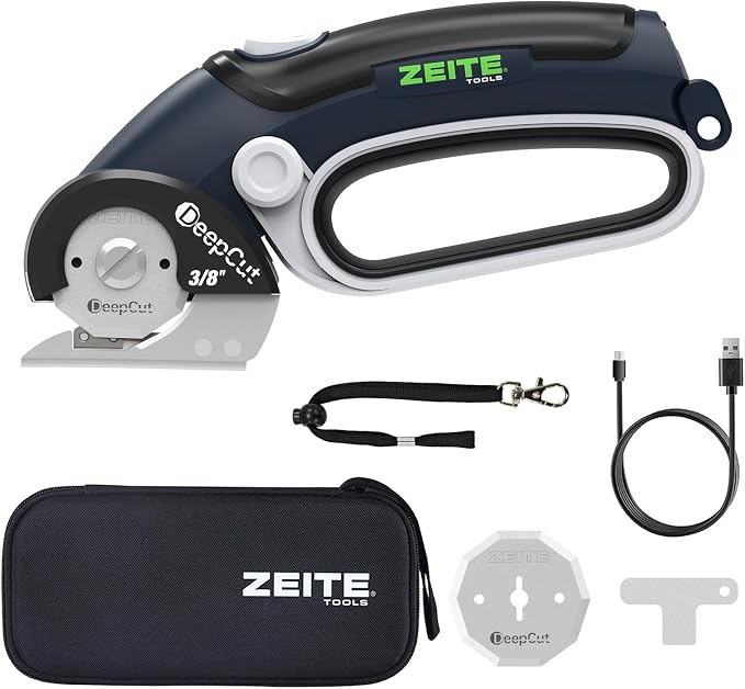 ZEITE Deepcut 3/8" Electric Cardboard Cutter,Cordless Scissors with LED Light,Storage Box,Rechargeable Powerful Rotary Box Cutter with 2 Blades for Thick Cardboard, Fabric, Carpet, Leather