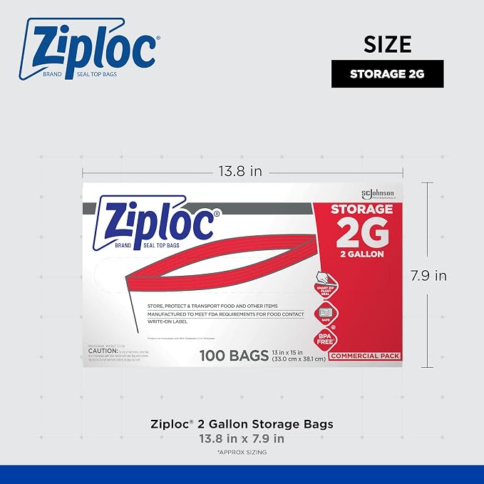 SC Johnson Professional Ziploc Brand Food Storage 2 Gallon Bags, Food Storage Ziploc Brand Bags, Commercial Pack, 100 Count Box, for Professional Use Only