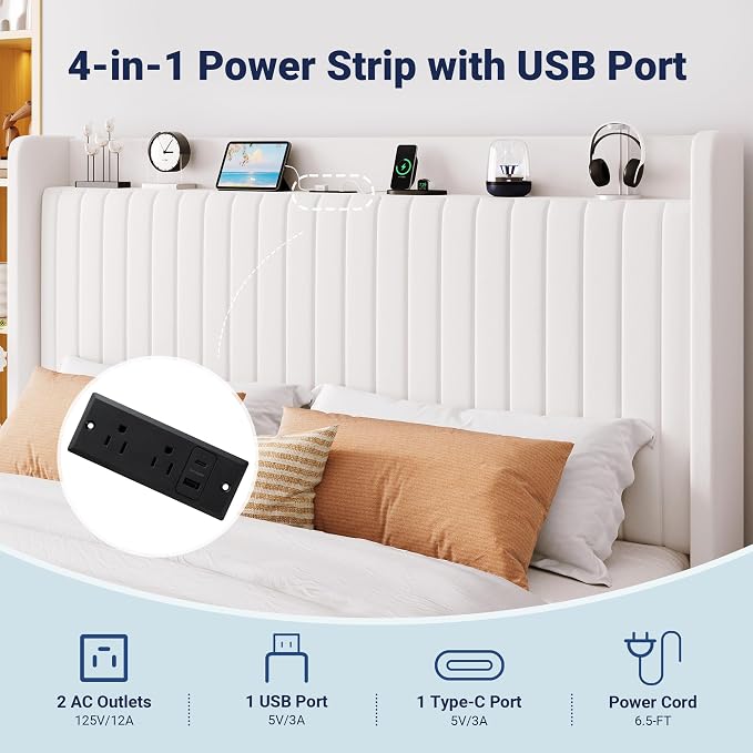 Allewie King Lift Up Storage Hydraulic Bed Frame,Charging Station,White | Storage Shelf Headboard with Charging Station,Type-C,USB Ports,Hydraulic Support,Velvet Upholstered,No Box Spring Needed