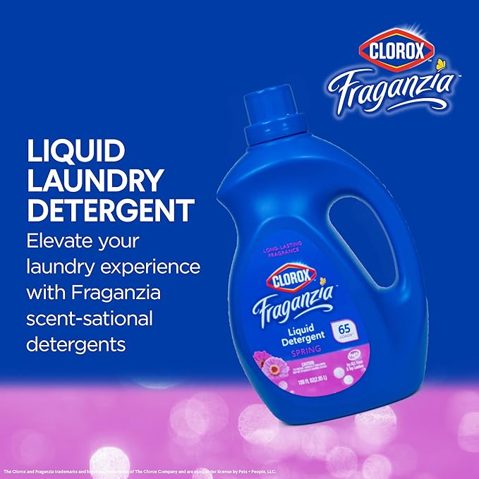 Clorox Fraganzia Liquid Laundry Detergent, Spring Scent - High Efficiency Formula for All Front and Top Load Washing Machines, Long-Lasting Fresh Fragrance, 65 Loads per Bottle, 100 Fl Oz