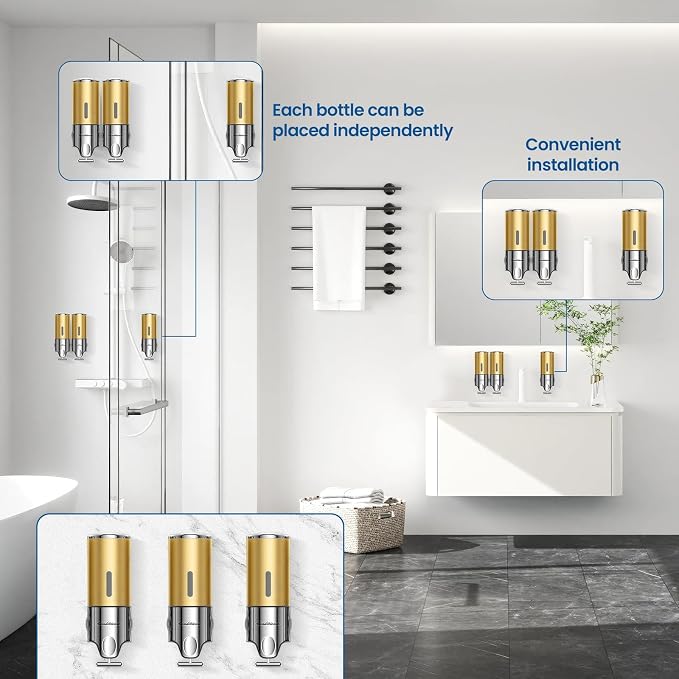 EXIN DECHEN Shampoo and Conditioner Dispenser(Triple x 16.9 oz,Golden) | Easy Installation,Wall-Mounted,Bottle Separable,Large Capacity,Shower Shampoo Conditioner Body Wash Dispenser for Bathroom