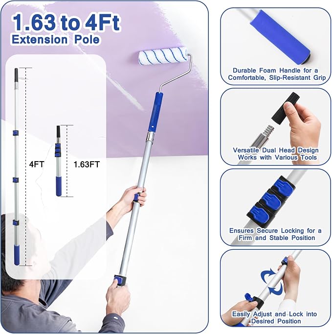 MAXWAVE Paint Roller Kit with Extension Pole, 34 Piece Set, 4" and 9" Paint Rollers, 1.63 Ft to 4 Ft Pole, Painting Brushes Supplies for Professional House Wall Latex, Oil Paints and Stains