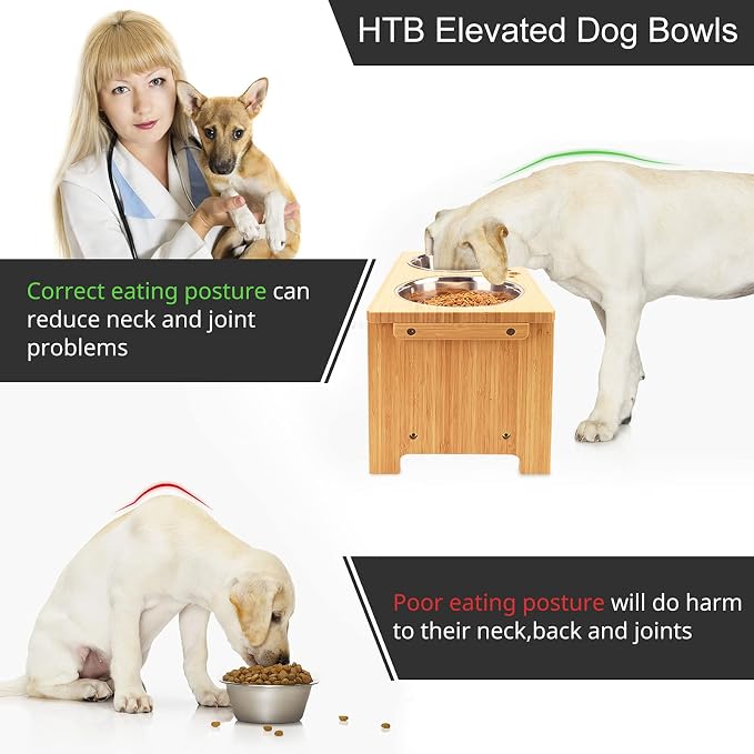HTB Elevated Dog Bowls,Raised Dog Bowl Stand with 2 Stainless Steel Bowls,Elevated Raised Dog Bowls for Large Medium Small Sized Dogs | Raised Dog Bowl Stand, 10"tall, 48 Oz Bowls, for Large Sized Dogs, Pet-safe, Solid Bamboo