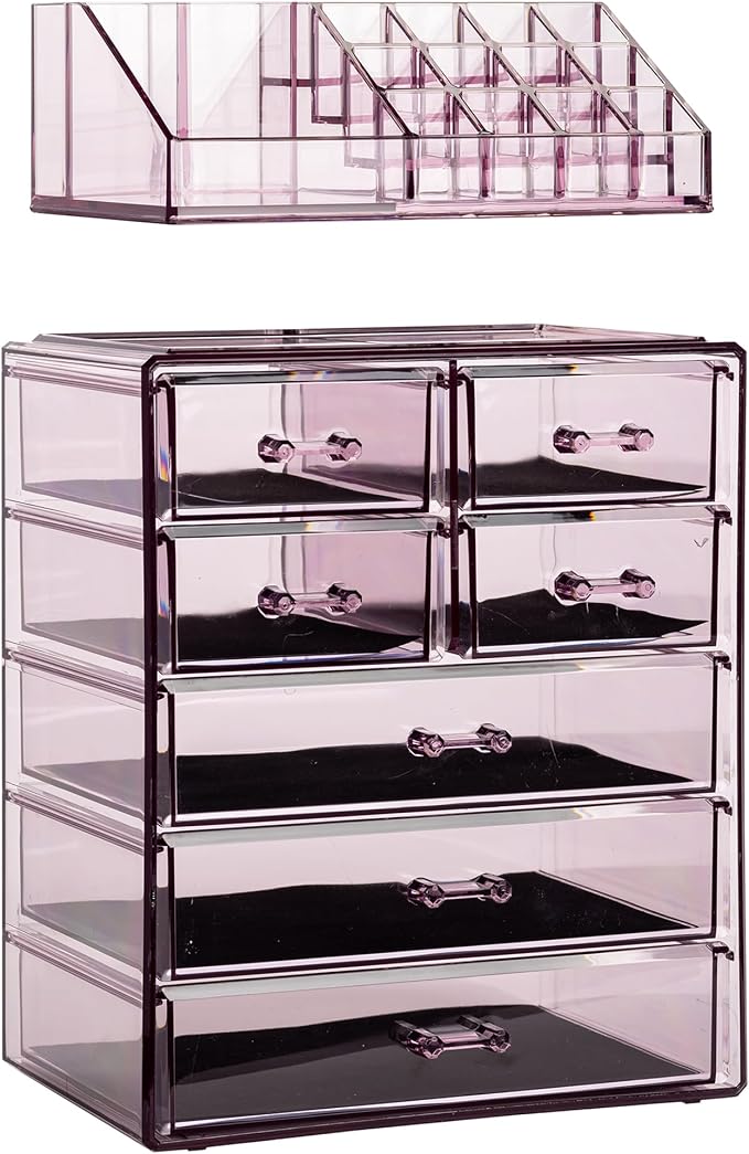 Sorbus Acrylic Makeup Organizer Set, 7-Drawer Vanity & Countertop Cosmetic Storage with Small & Wide Compartments, Purple Makeup Storage for Brushes, Jewelry – Holiday Gift for Women & Teens
