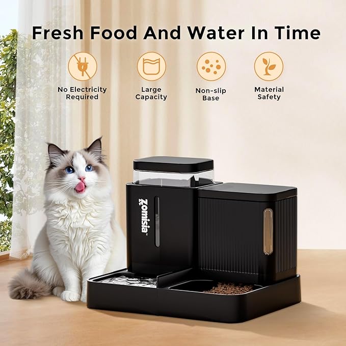 ZOMISIA Automatic Cat Feeder and Water Dispenser Set, 2 in 1 Gravity Cat Food Dispenser with 180 Degree Rotatable, Pet Self Feeding Large Capacity for Small Dogs Puppy Kitten, Black, 0.8 Gallon x 2