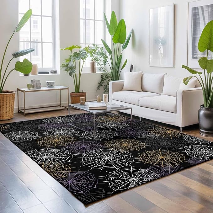 Area Rug 3'x5', Black Halloween Washable Large Area Rugs for Kitchen Bedroom Laundry Bathroom Office, Purple White Yellow Net Classic Black Non Slip Door Mat Indoor Entryway Floor Accent Throw Carpet