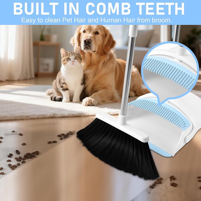 Broom with Dustpan Combo Set for Home, 52-in Long Adjustable Handle Angle Broom and Dustpan Set with Dustpan Comb Teeth for Sweeping Pet Hair Food Dirt Kitchen (White-Blue)