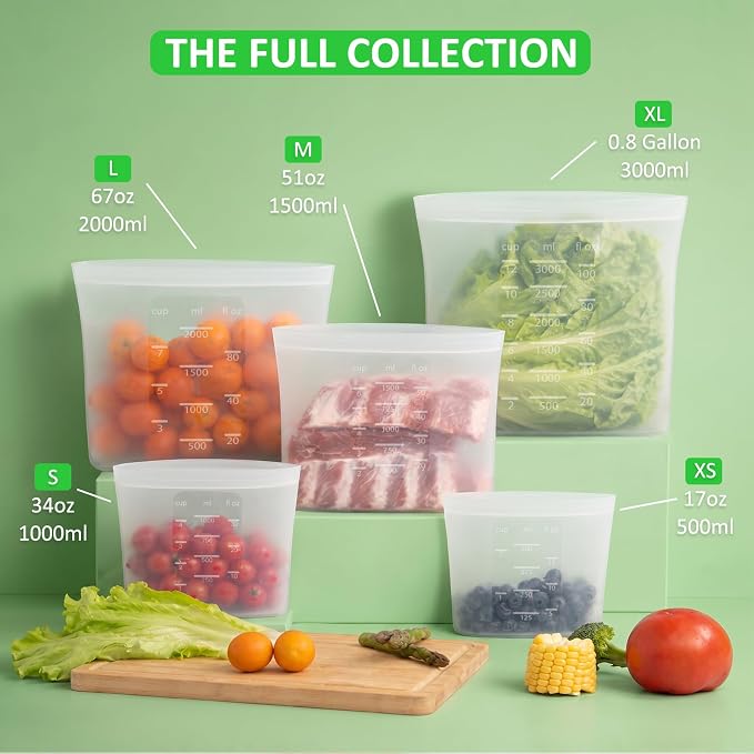 100% Platinum Silicone Reusable Food Storage Bags, 4 Pack, 34fl.oz/1000ml | Premium Silicone Reusable Storage Bag, Stand-Up Wide-Mouth Ziplock, Small Size, Freezer Microwave Dishwasher Safe, Clear