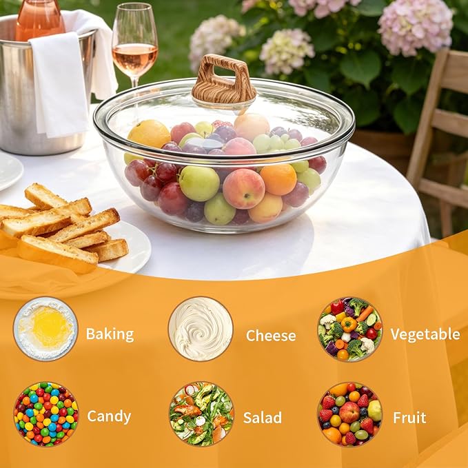 6.5 Qt Large Glass Mixing Bowl with Glass Lid, Clear Glass Bowl for Sourdough Salad Bowls with Lid & Square Handle,Thickened Glass Big Mixing Bowls Cooking Bowl for Food Prep, Kitchen,Dinner