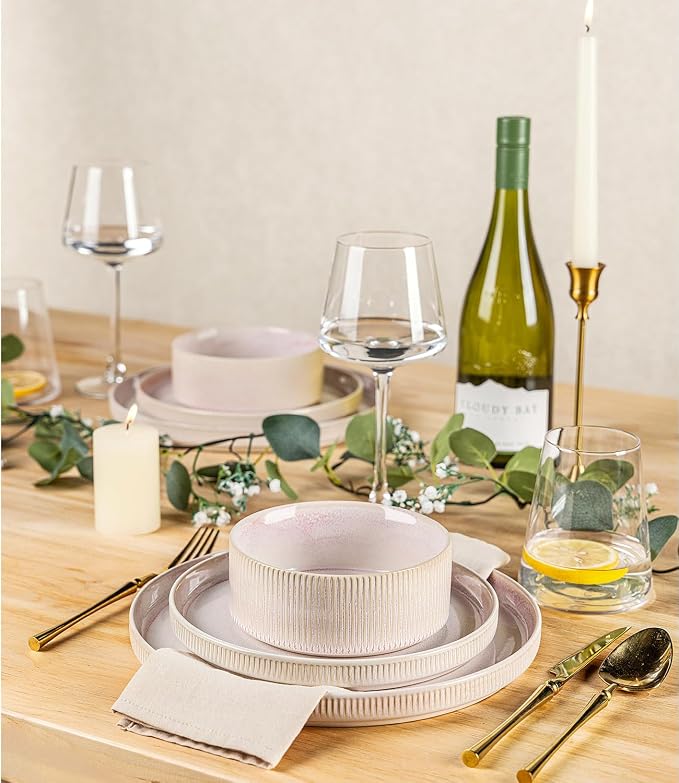 TheTerra Ceramic Dinnerware Sets for 4, 12 Pieces Porcelain Lightweight Plates and Bowls Sets, Scratch Resistant Dish Set, Oven & Microwave & Dishwasher Safe, Primrose Pink