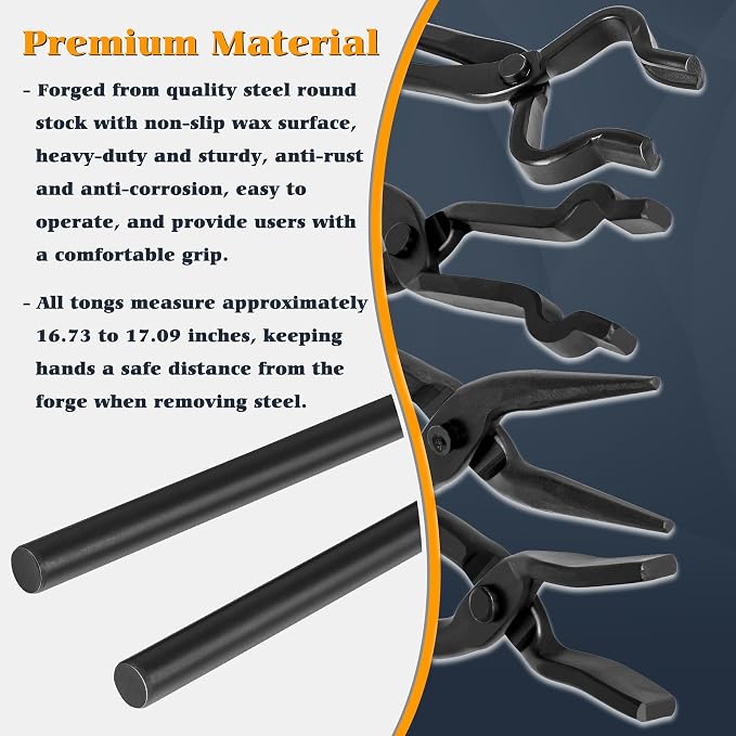 Blacksmith Tong - 3/8" 1/2" 5/8" V-Bit, 1/4 Flat Jaw, Pick Up, Scroll | Knife Making Forge Tongs Set Assembled Steel Blacksmithing Bladesmith Bladesmithing (6PCS)