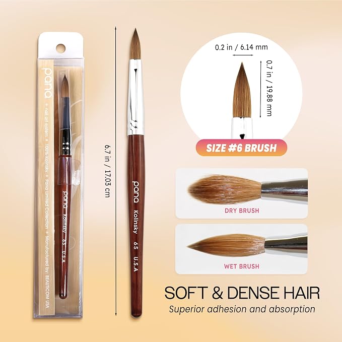 PANA Pure Kolinsky Hair Bristles Acrylic Nail Brush Oval Crimped Shaped Mahogany Wood Handle Professional Salon Quality (Size 6, Mahogany)