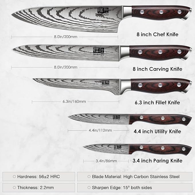SHAN ZU Japanese Chef Knife Set 5 PCS, High Carbon Stainless Steel | Ultra Sharp Kitchen Knives for cooking, Professional Chef Knife Set with Ergonomic Pakkawood Handle